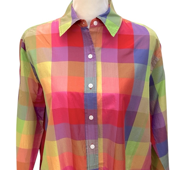 Classic ISAAC MIZRAHI for Target Collection Rainbow Plaid Silk Tunic Shirt, sz S - Picture 1 of 9